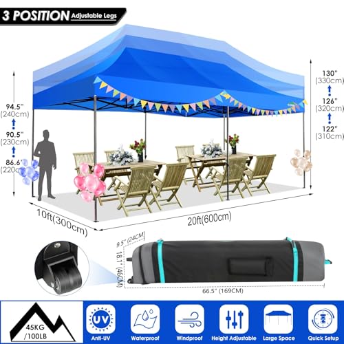 COBIZI 10x20 Heavy Duty Pop up Canopy Tent with 6 sidewalls Easy Up Commercial Outdoor Wedding Party Tents for Parties All Season Wind & Waterproof Gazebo with Roller Bag, Blue(Frame Thickened) - Thumbnail 5