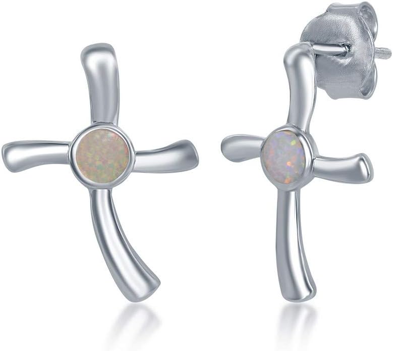 Beaux Bijoux Created Opal Cross Pendant and Earrings Set White/Blue Opal Cross with 16+2" Silver Chain Sterling Silver Dainty Set for Women