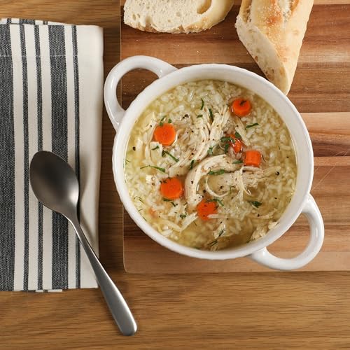 Image of Gibson Elite Oyster Tide Embossed 6 Inch Soup Bowls with Handles. French Onion Soup Crocks, Stackable Soup Bowl, Chili, Beef Stew Reactive Glaze Stackable Ceramic Bowl, Set of 4, White