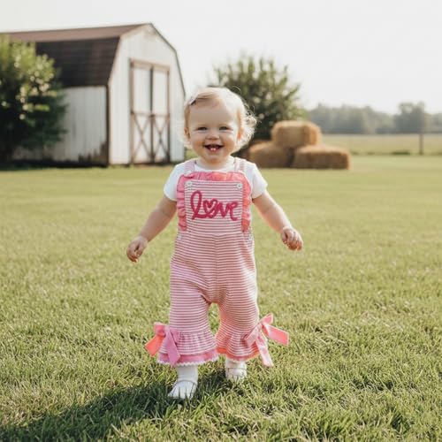 Honganda Toddler Baby Girl Valentine\'s Day Outfit Overalls Love Romper Striped Bell Bottom Suspender Jumpsuit with Bowknot (Pink, 18-24 Months)