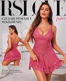 RSLOVE Damska seksowna bielizna koronkowa babydoll, siateczkowa koszulka nocna, bielizna nocna dla panny młodej, Różowy czerwony, XL