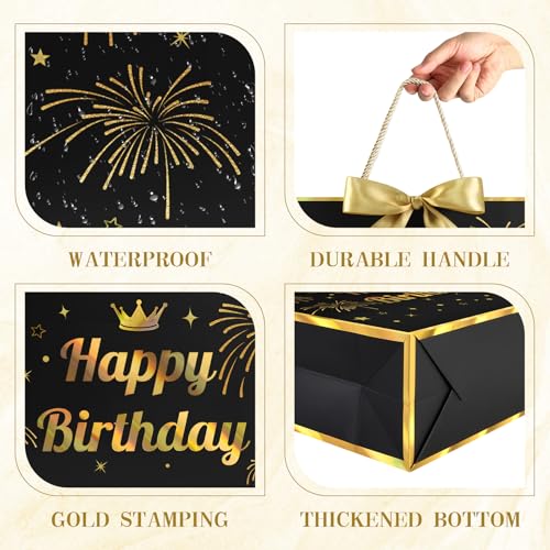 Image of JMANNI Black Gold Happy Birthday Gift Bag with Card and Tissue Paper, 12.6 inchx9.84 inchx3.9 inch Elegant Present Bag for Men Women, Year Old Birthday Keepsake Party Supplies