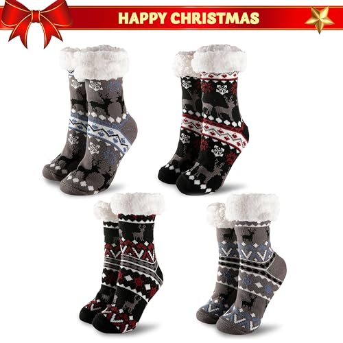 JOYIN 4 PCS Christmas Fuzzy Slipper Socks, Soft Crew Socks Deer Patterns for Winter Christmas, Holiday or Birthday Gift2