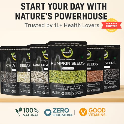 Image of Nutri Hut 6-in-1 Super Seeds Combo Pack | Pumpkin, Sunflower, Flax, Chia, Basil (Sabja) & Sesame Seeds | 100g Each | Rich in Protein, Fiber & Omega 3 | 100% Natural | Superfood for Energy (600g)