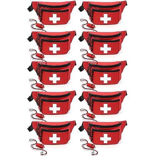 EMS XTRM Lifeguard Fanny Pack Red with Whistle Lanyard - Baywatch Style First Aid Hip Pack, Adjustable Strap, Cross Logo + Zipper Pouch, 10 Pack