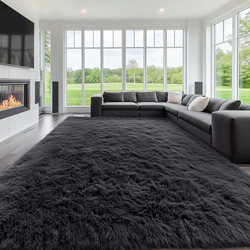 OLANLY 9x12 Machine Washable Large Area Rugs for Living Room, Bedroom, Soft Fluffy Shaggy Bedside Rug, Indoor Floor Carpet for Kids Girls and Boys, Dorms, Nursery, Home Decor Aesthetic, Black