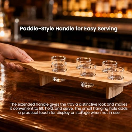 Image of Go Hooked Wooden Shot Glass & Paddle Set with 6 Glasses (30 ml Each), Serving Paddle Board with Holder Stand, Table Presentation Set for Parties, Gatherings, Hosting & Celebration Decor