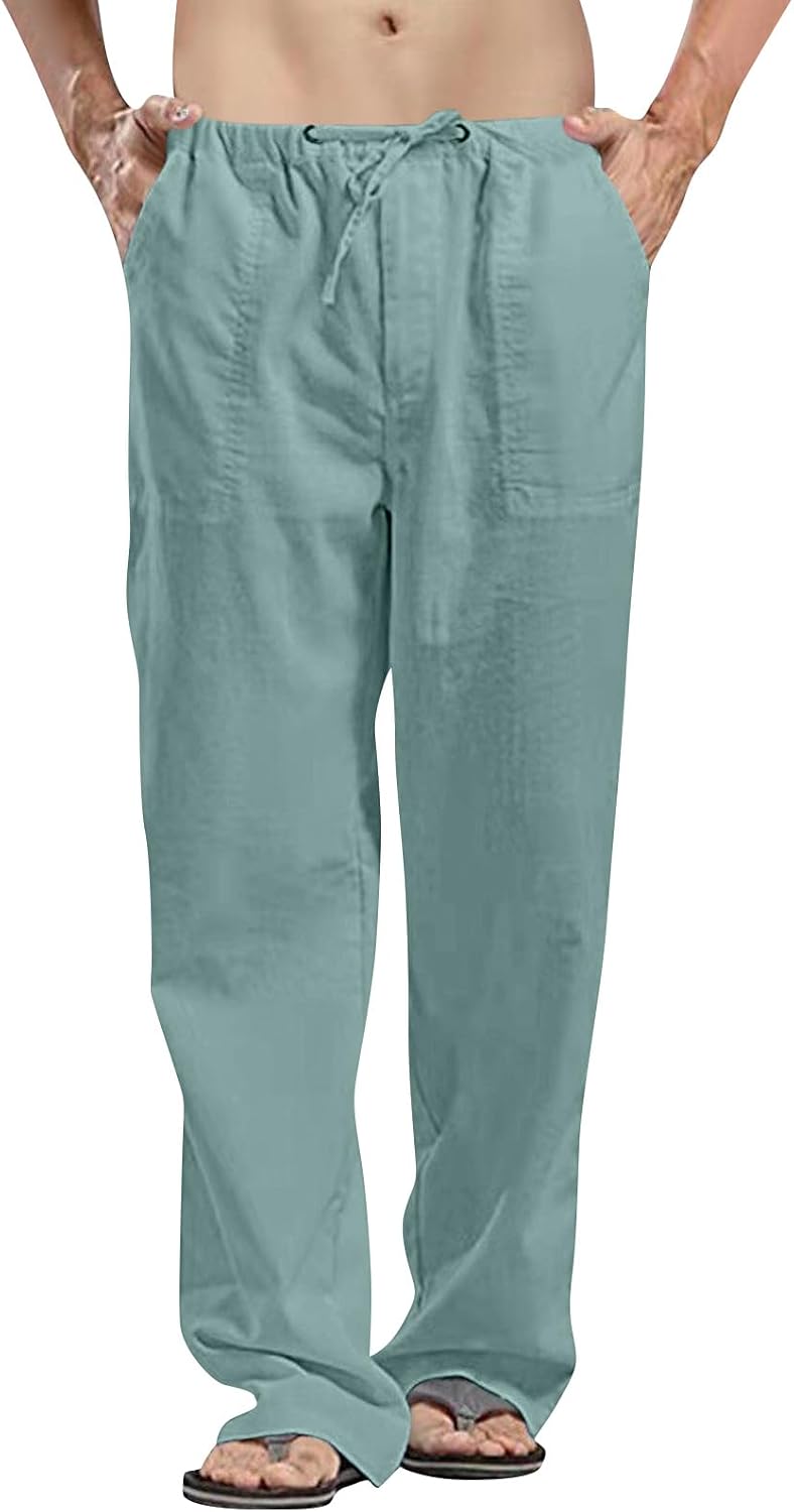 Men's Linen Cotton Pants Drawstring Waist Relaxed Casual Loose Fit Casual Pants Beach Trousers for Summer Spring