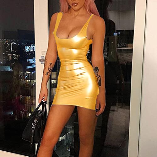 Graeen Women's Faux Leather Mini Dress Sleeveless Bodycon Tank Dress Short Leather Scoop Neck Dresses Party Clubwear Dress(Xl, Gold) #TOP5