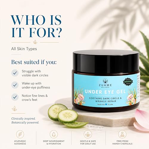 Image of Under Eye Gel for Dark Circles, Puffiness & Wrinkle Repair | Ayurvedic Soothing Eye Cream for Women & Men | Organic Cooling Anti-Aging Treatment | Kumkumadi Tailam & Saffron | 15g