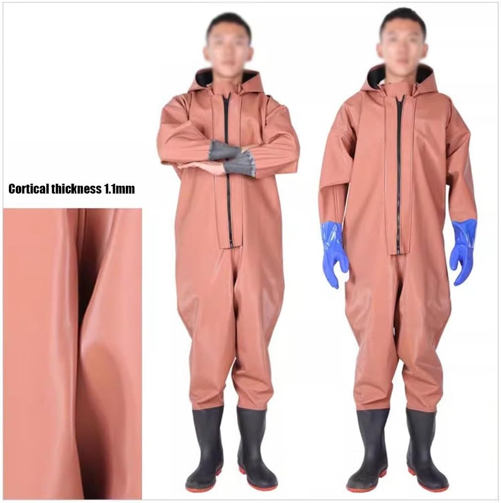 Hip Waders 1.1mm Thick PVC Fishing Pants With Wading Boots, One Piece Zipper Waterproof Suit With Rubber Gloves (Black2,10.5)