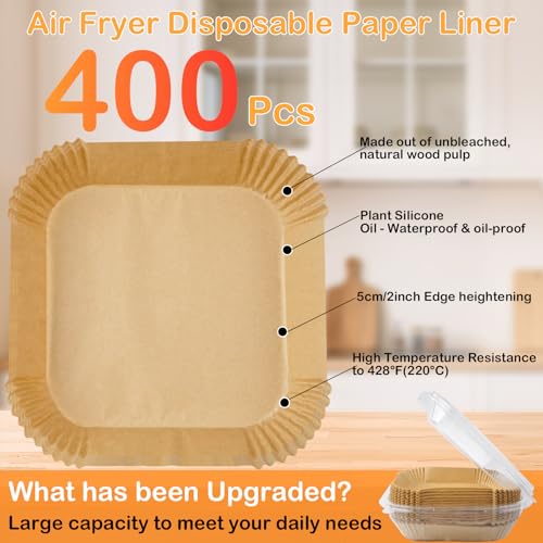 Image of 400 Pcs Air Fryer Liners Disposable, 8 inch Square Unbleached Heavy Duty Air Fryer Paper Liners, Parchment Paper for 5-8 qt Airfryer Basket, Non-Stick & Non-Leak Airfryer Liners for Deep Fryer Accessories