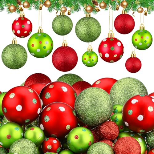 Daifunli 68 Pcs Christmas Tree Ball Ornaments 2.4 1.6 1.2 Red Green Glittering Hanging Xmas Ball Lime Green Elf Christmas Ball Decoration Shatterproof Dot Ball Decor for Winter Tree Party Event Decor