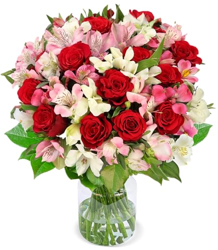 Blumenstrauß Liebesgruß, roter Rosenstrauß, rote Rosen und weiße Inkalilien, bis zu 40 Blüten, 40-50cm Länge, 7-Tage-Frischegarantie, Qualität vom Floristen, perfekte Geschenkidee bestellen