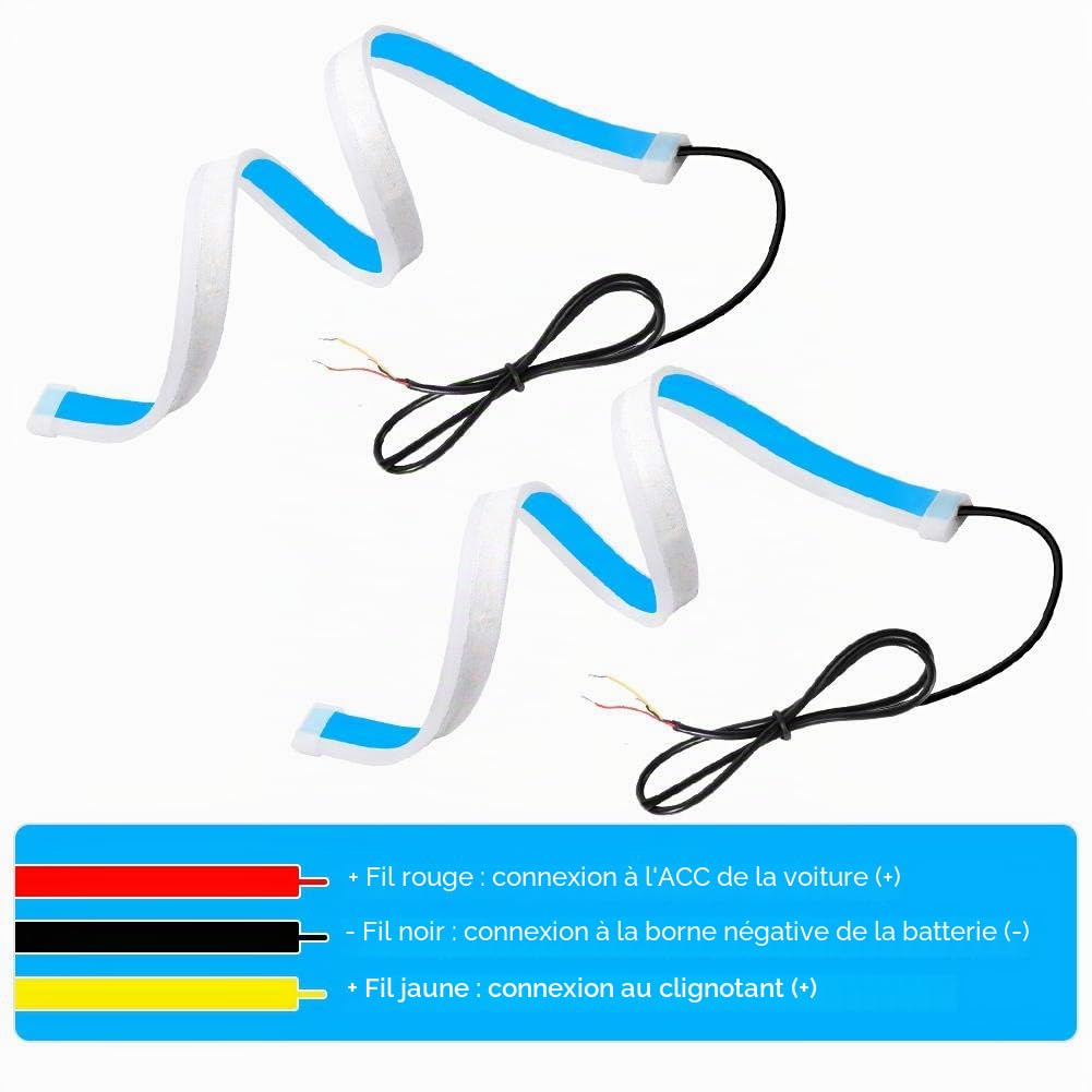 bande led voiture exterieur, Qiilu 60 cm LED lumière de jour, lampe décorative double couleur ultra mince voiture tube souple LED bande lumière de jour lumière de clignotant lampe