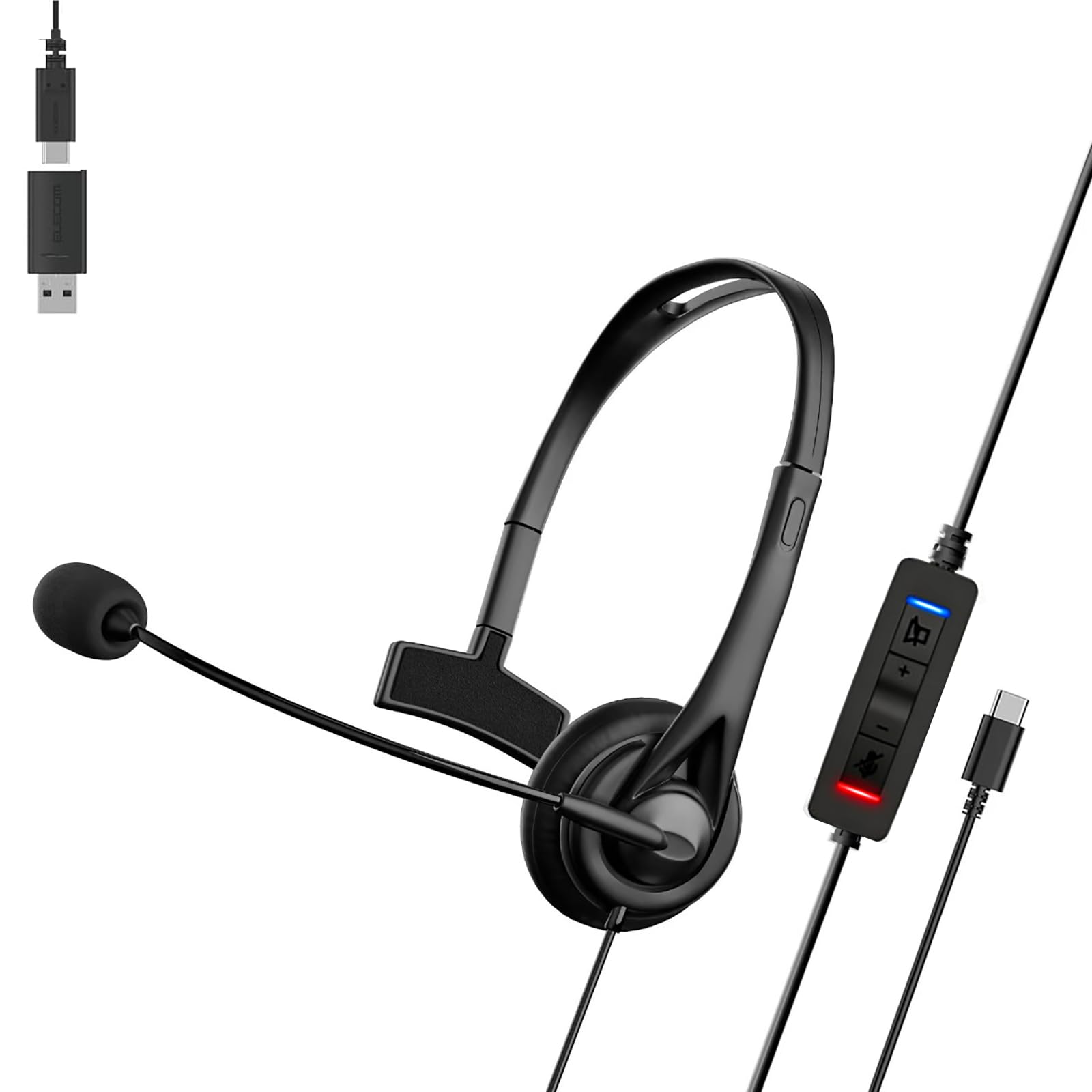 USB-C/A両対応 片耳ヘッドセット ノイズキャンセリング マイク調整可能 軽量 小型 音量調整 コンピュータ用 ブラック