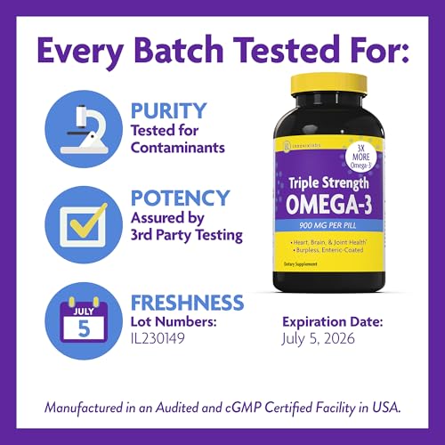 Image of Triple Strength OMEGA-3 (by InnovixLabs). Concentrated Fish Oil, 900 mg Omega-3 per Pill. Enteric Coated, Odorless & Burp-Free, 200 Capsules.
