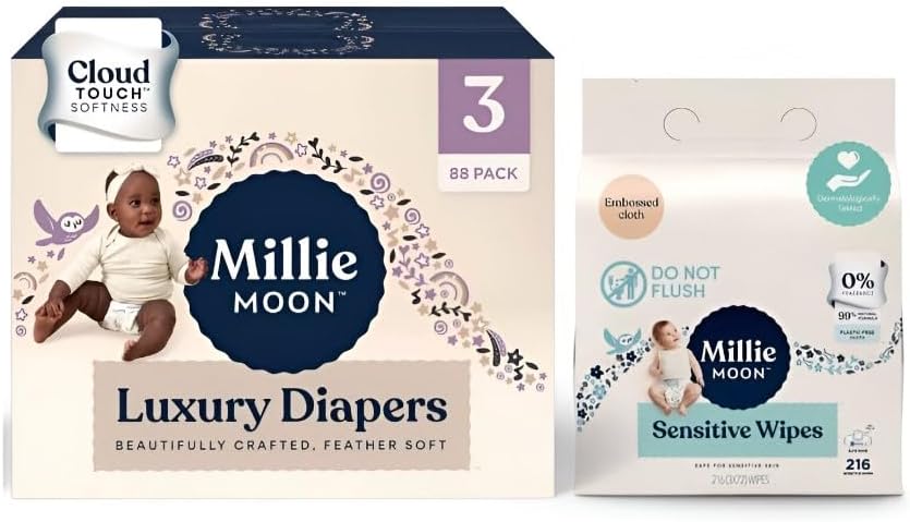 Millie Moon Luxury Diapers ~ (Size 3-88 Count) ~ + Sensetive Wipes ~ (Pack of 3×72 in Total 216 Count)