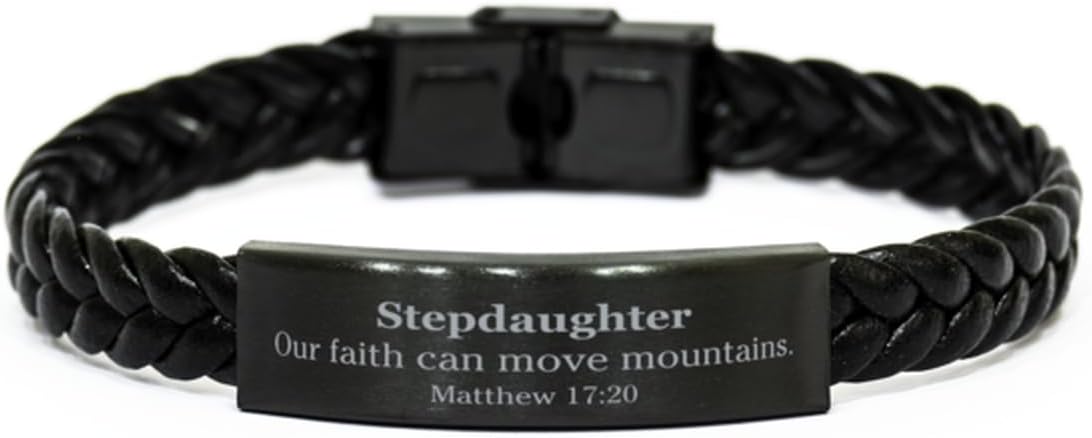 Stepdaughter Inspirational Braided Leather Bracelet Our Faith Can Move Mountains Christian Jewelry for Birthday, Christmas, and Graduation Gifts