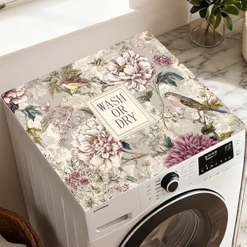 Image of Washer Dryer Top Cover Mat, Non-Slip Laundry Room Decor, Laundry Room Kitchen Appliance Decor Protector Universal 23.6 inchx19.7 inch (Flowers and Birds)