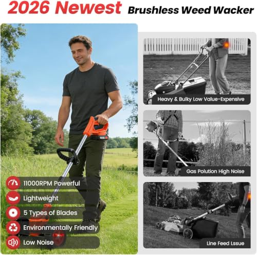 Image of Cordless Grass Cutter Machine for Garden | Weed Cutting Tool | Easy Storage with Adjustable Height & Foldable Handle | 2 x 48V Battery | 25cm Cutting Width | 3 x Heavy-Duty Blades (Old-Orange)