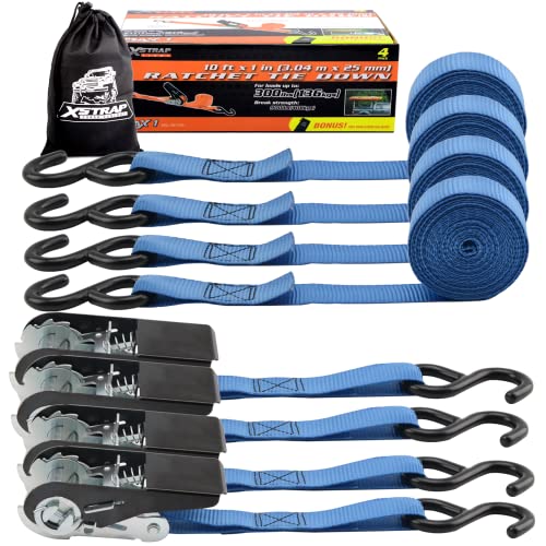 Xstrap Standard Ratchet Tie Down Straps - 4 Pk - 10 Ft- 300 Lbs Load Cap- 900 Lbs Break Strength-Cargo Straps For Moving Appliances, Lawn Equipment, Motorcycle (Blue) #TOP3