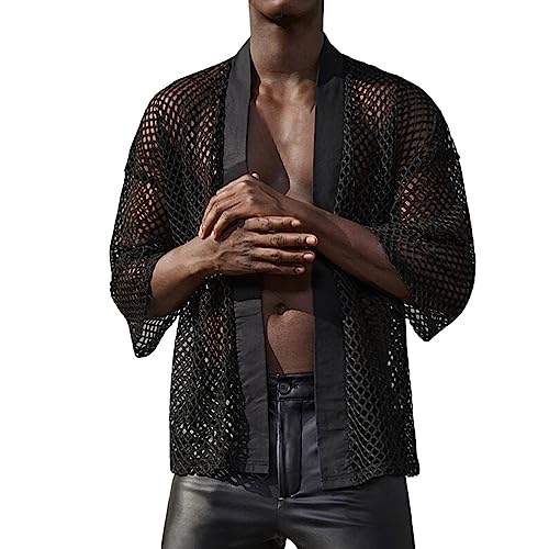 Parte superior de malla para hombre, ropa interior de malla, ropa interior transparente, manga larga, camiseta interior de malla, camiseta de malla, sexy, erótica, ropa interior de manga larga, Negro