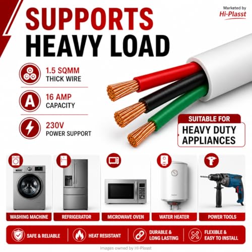 Image of Hi-Plasst 1.5 mm 3 Core Copper Cable Wire 3m | Flexible PVC Insulated Electrical Cable for Appliances & Wiring