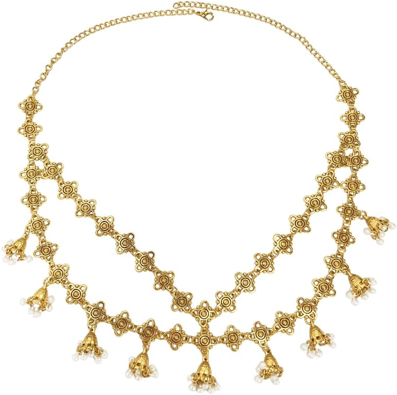 Bohemian Headband for Women Elegant Bridal Wedding Headpiece with Jhumka Tassels Bells Festival Accessories Bollywood Party Jewelry Antique Gold Plated Adjustable Forehead Chain (white, gold)