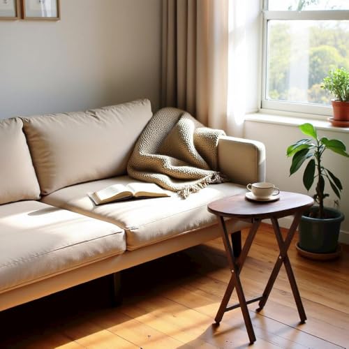 Furnifact Solid Wood Brown 5 Piece TV Trays Set Includes 4 Small Folding Tables with Oval Tops and Storage Stand, Ideal TV Tables for Eating Or Dinner Tray Table