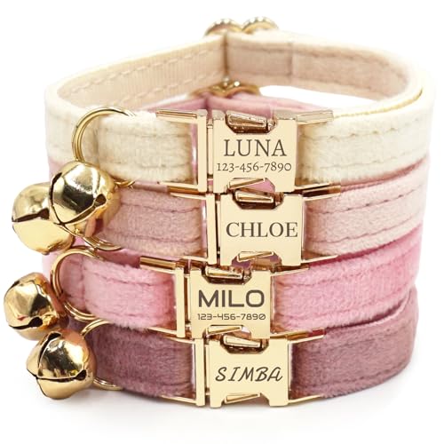 PETAILAUREL Velvet Custom Cat Collar with Name, Polyester Personalized Laser-Engraved Collar for Cats with Metal Quick-Release Buckle & Bell, Leash and Bow Tie Available