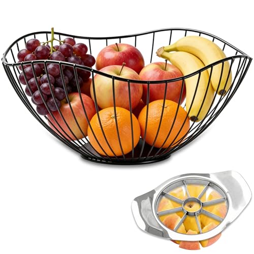 Image of CHUNGG Black Metal Wire Fruit Bowls with Apple Corer, Fruit Vegetable Baskets for Kitchens, Table Centerpiece Decorative Bowl Storage Bread, Vegetables, Snacks, Potpourris, Banana,Home Decor Bowls