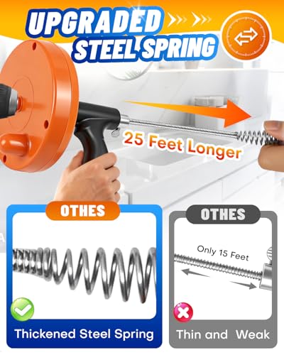 Maraiss Drain Auger, Plumbing Snake with Drill Adapter, 25 ft Flexible Drain Snake Clog Removal Tool Use Manually or Powered for Kitchen Bathroom Shower Sink, Come with Gloves and Cloth Bag