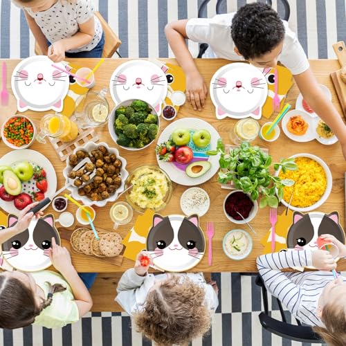 96 Pieces Cat Party Supplies Cute Kitten Birthday Theme Tableware Set Decorations Kitten Disposable Dinnerware Paper Plates and Napkins Forks for Cat Theme Birthday Baby Shower Party Favors 24 Guests - Thumbnail 2
