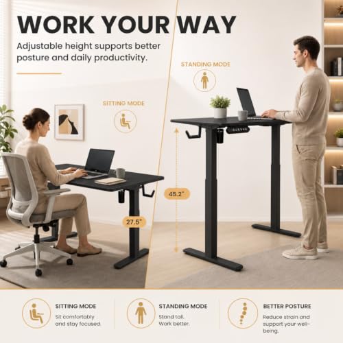 Image of Height Adjustable Table for Office Work | Electric Sit Stand Study Desk 80 Kg Load | Standing Work Table with 3 Memory Preset | Cup Holder Cable Management & Hook |120*60 Cm Thick Top - Black