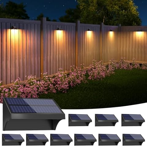 NIORSUN Fence Solar Lights,Outdoor Fence Lights with Warm White/Cool White/RGB Mode,Bigger Size and Brighter 1500mAh,Fence Solar Lights for Fence,Deck Railing,Stair,Patio,Wall,Black 10 Pack Cover