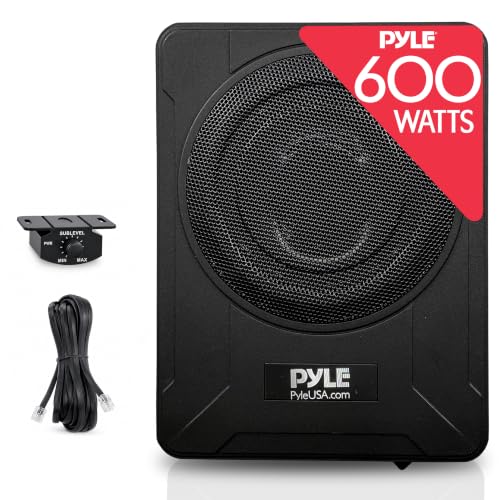 Pyle 600W Untersitz Subwoofer Aktiv – 8" Flacher Auto Lautsprecher mit Verstärker – Car & Marine Speakers mit Variabler Bassboost inkl. Montagematerial & Fernbedienung – Schlankes Design in Schwarz