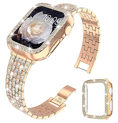 Image of QVLANG Compatible for Apple Watch Band 38mm Series 3 /2 /1, Diamond Rhinestone Case + Women Bling Band Stainless Steel Metal Bracelet for iWatch (Rose Gold, 38mm)