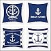 Lot de 4 Housse de Coussin Taie d'oreiller Décoratif Coton Lin Carré Fermeture Glissière Invisible Housse Coussin Recto-Verso pour Voiture De La Maison Canapé,35x35cm(Ancre Nautique Bleu Marine) B618