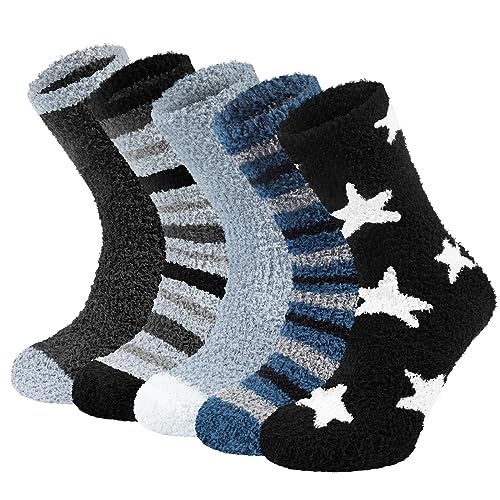 Chalier Cozy Calcetines Térmicos de Invierno para Hombre 5 Pares de Calcetines Gruesos de Forro Polar de Coral Para Dormir en Casa Calcetines Mullidos para Navidad Regalo de Cumpleaños, Talla 38-46