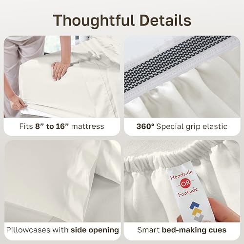 Image of California Design Den 1000 Thread Count Cotton King Size Sheets Set, 4 Pcs | Backed by Good Housekeeping Seal - 100% Cotton Sateen - Soft, Thick & Heavy, 16 inch Deep Pocket, Durable - Eggshell Cream