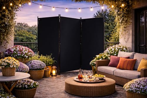 QUICK STAR Paravent 3 Teilig 170 x 165 cm Schwarz - Garten & Balkon Sichtschutz Stellwand Innen & Außen - Raumteiler Trennwand Faltbar Blickdicht & Wetterfest
