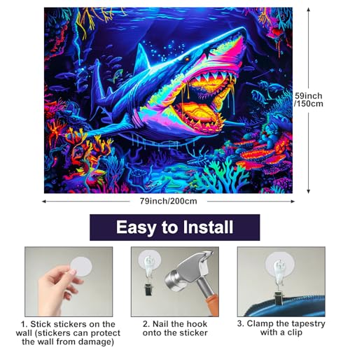 Image of BlissYard Shark Ocean Blacklight Tapestry Glow In The Dark UV Reactive Wall Hanging With Neon Coral Psychedelic Horror Poster Black Light Tapestries For Bedroom Party Decor 78x59 Inch