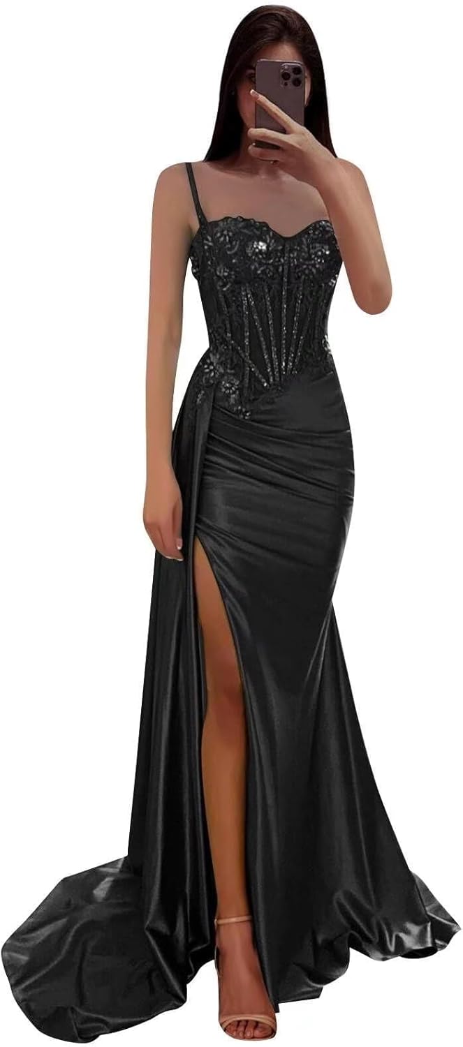Spaghetti Straps Lace Appliques Prom Dresses 2025 Mermaid Slit Long Satin Formal Evening Pary Gowns