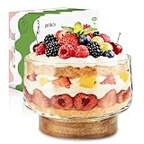 Prikoi 155oz Large Trifle Bowl with Wood Stand, Clear Glass for Displaying Layered Dessert, Salads, Fruit, Modern Design Food Storage Container, Elegant for Party, Holiday, Housewarming Gift