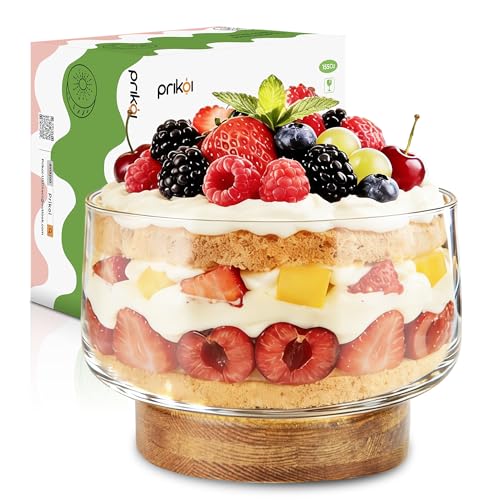 Prikoi 155oz Large Trifle Bowl with Wood Stand, Clear Glass