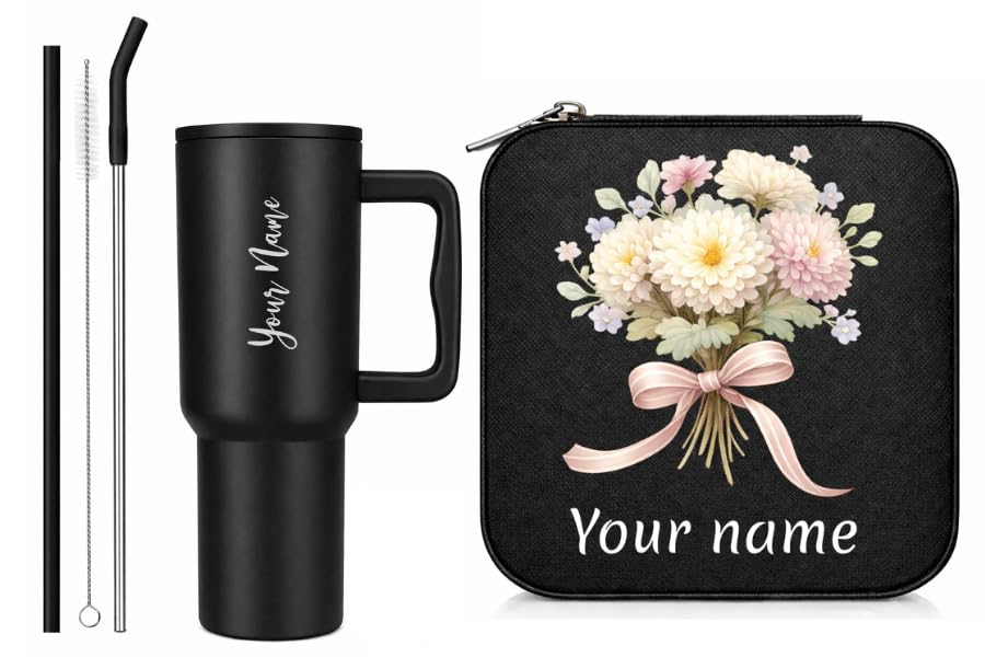 Image of Zephorus Personalized Stainless Steel Tumbler with Handle, 1200ml Capacity, Black Insulated Travel Mug with Straw, Custom Name Design (PU Pouch & 40oz Tumbler Black)