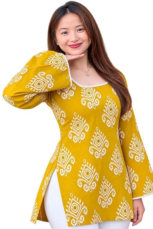 Image of Women Pure Cotton Floral Printed Short Kurti | Square Neck | Full Sleeves | Stylish Ethnic Kurta | Back Tie-Up | Casual Wear Kurta