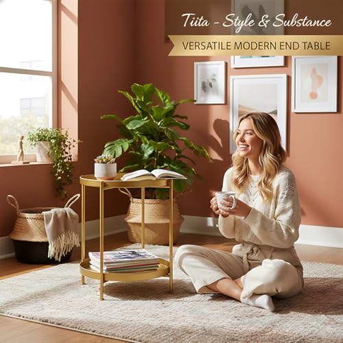 Image of Tiita Gold Round End Tables, 2 Pack, 2-Tier Metal Side Tables, Nightstands