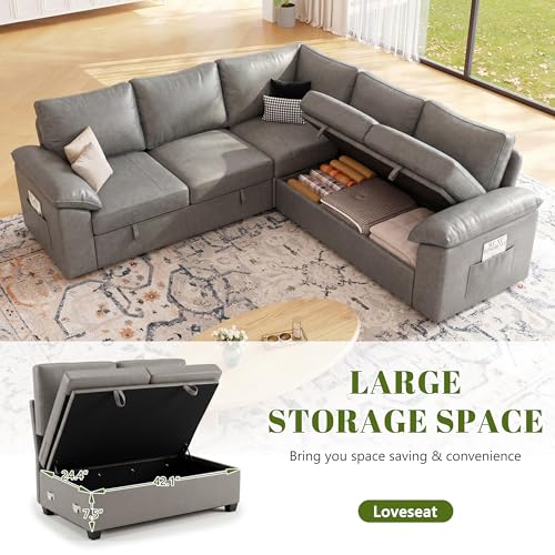 Image of 85 Inch Faux Leather Modular Sectional Sofa with Pull Out Bed, L Shaped 5 Seat Sectional Sleeper Sofa with Storage, Sectional Couches for Living Room, Cloud Modular Couch,Gray Leather